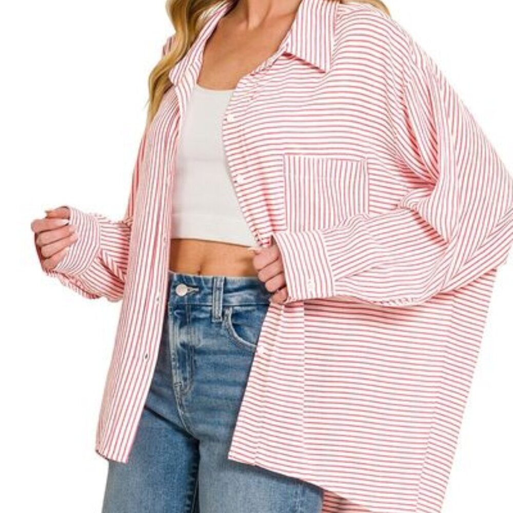 Zenana Woven Stripe Button Down Shirt